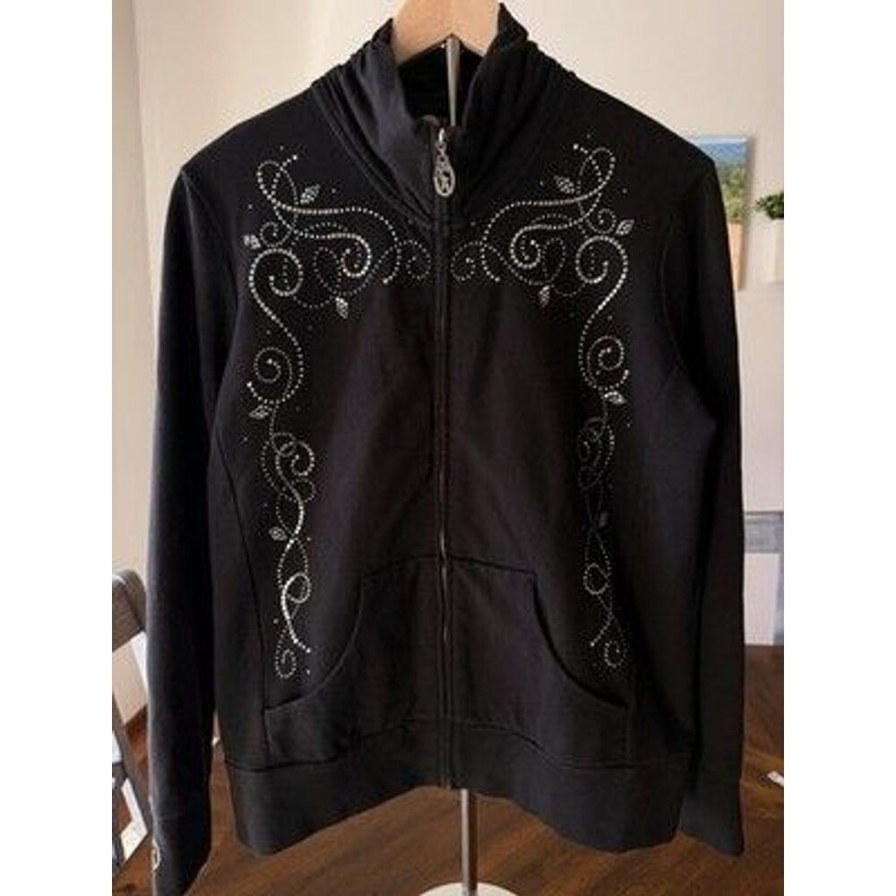 Christine Alexander Womens PXL Black Rhinestone Crystal Zip Jacket Y2K Glam